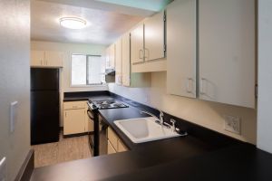 Northgreen Apartments Small kitchen with cream cabinets, black appliances, a white sink, and a window letting in natural light.