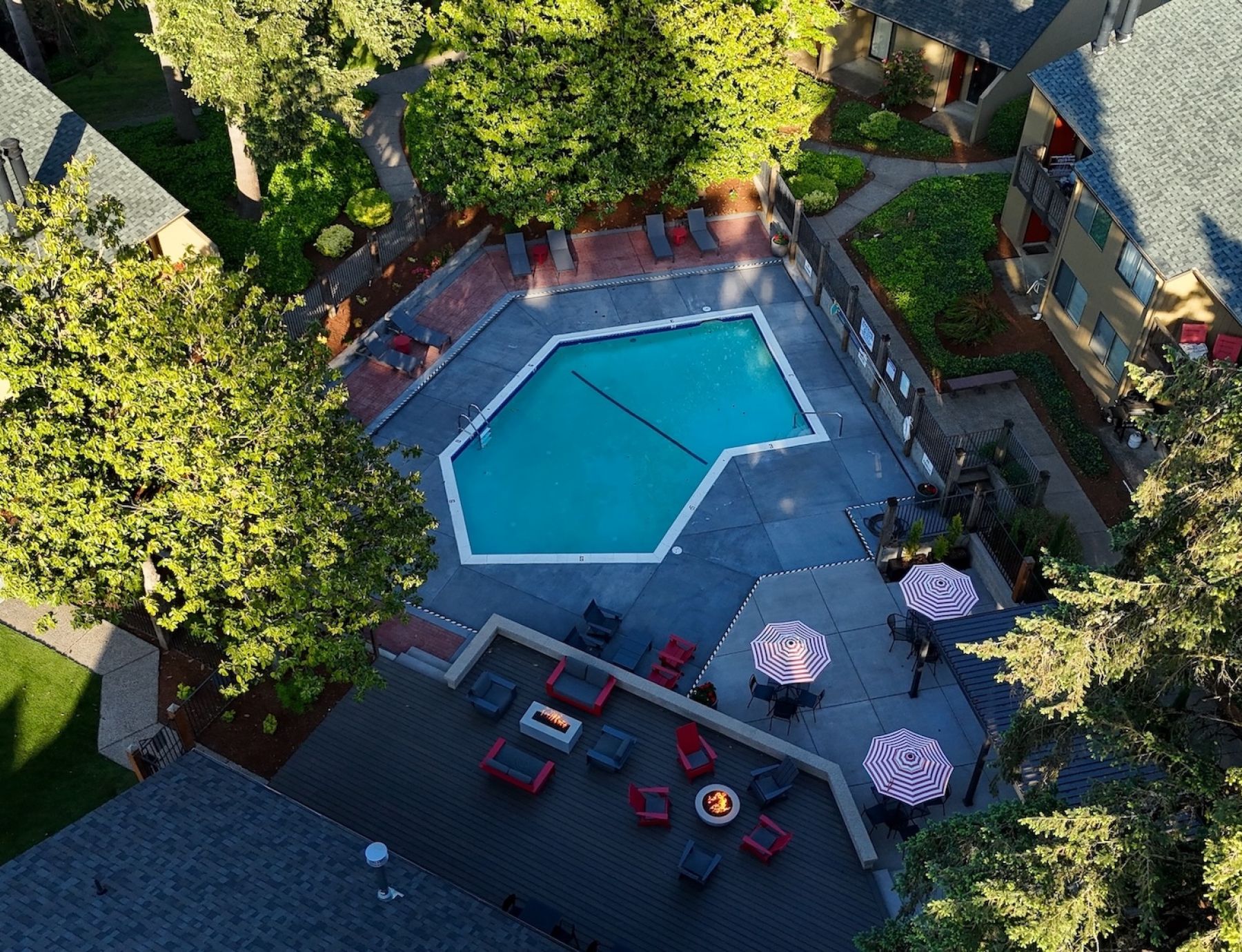 Northgreen Apartments Aerial view of a pool surrounded by trees, lounge chairs, and patio seating with striped umbrellas.